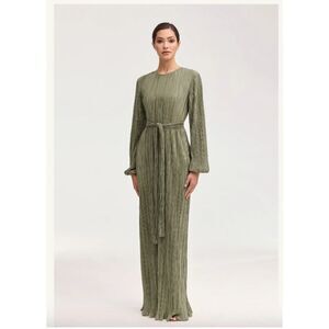 Veiled crepe modest pleated satin plisse formal maxi dress